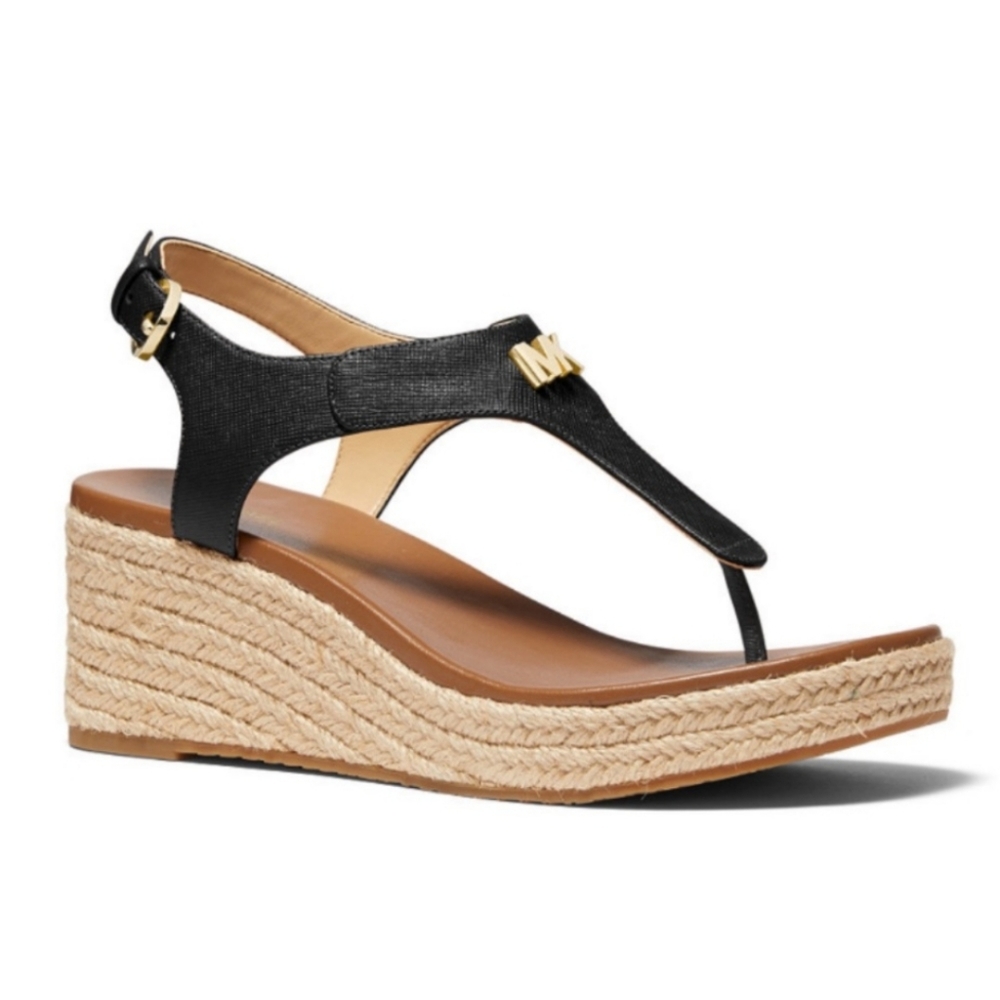 Michael Kors Laney Thong Espadrille Leather wedge platform Sandals black 10M